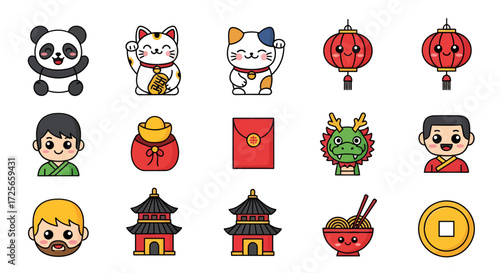 Collection of Charming Cartoon Icons Representing Chinese Culture and Celebrations