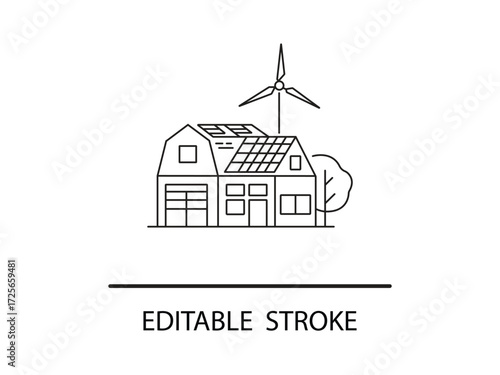 Eco-friendly house with solar panels and wind turbine showcases sustainable living and energy efficiency in a modern line art style.