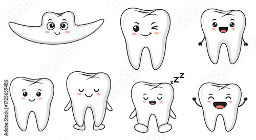 Collection of cheerful cartoon teeth expressing various emotions with playful expressions