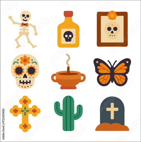 Día de los Muertos icons are flat and vibrant in style, designed with bold black lines and bright solid colors