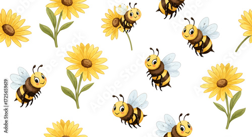 Delightful seamless pattern featuring adorable bees and vibrant sunflowers on a crisp white backdrop