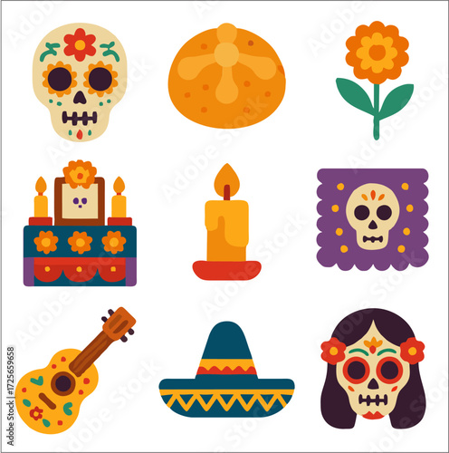 Día de los Muertos icons are flat and vibrant in style, designed with bold black lines and bright solid colors