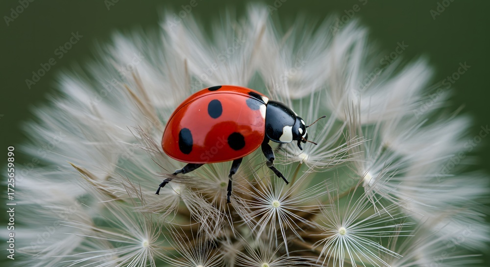 Obraz premium red ladybug resting on fluffy white dandelion seed head