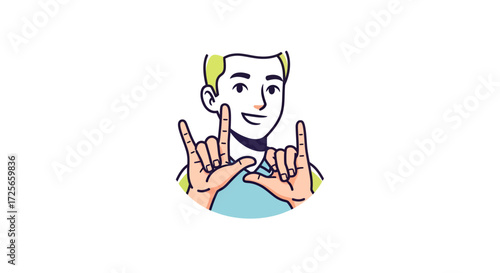 Illustrated male figure expressing positive emotions through hand gestures and cheerful expression