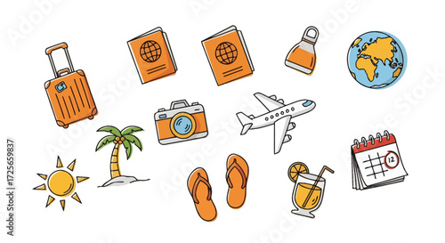 Illustrated travel icons arranged symmetrically evokes wanderlust and vacation planning enthusiasm