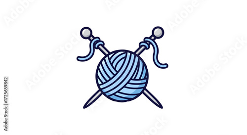 Illustration featuring a ball of light blue yarn with knitting needles on a white background