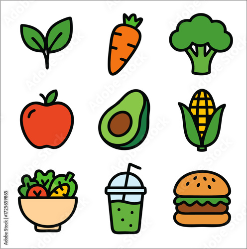 Flat icons celebrating World Vegan Day with a vibrant design. Each icon is created with thick black lines and solid colors