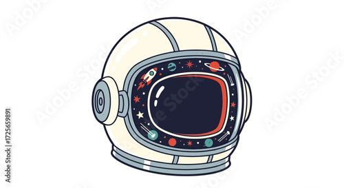 Illustration of a vintage astronaut helmet with cosmic details inside the visor window