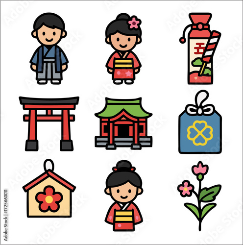 The Shichi-Go-San icons are in a flat 2D style with bold black lines and bright colors. This set celebrates the traditional Japanese festival for children