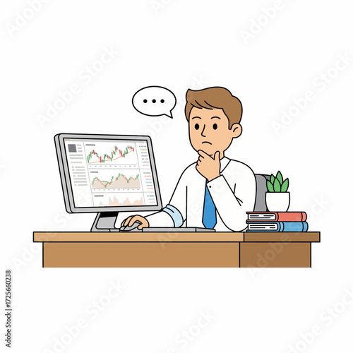 Thoughtful stock trader or financial analyst in an office, studying candlestick charts on a computer monitor.