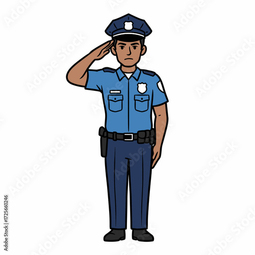 A police officer in a blue uniform stands at attention and gives a respectful salute.