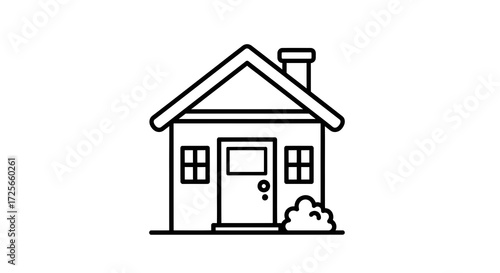 Simple line art illustration of a house with chimney and small garden icon design