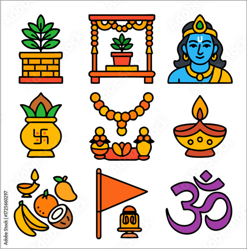 A vibrant flat 2D icon inspired by Tulasi Vivah, the symbolic Hindu marriage of the sacred Tulsi plant with the god Vishnu or Krishna