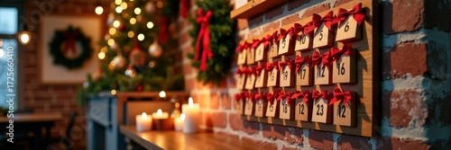 Festive christmas advent calendar with red bows and cozy holiday decor