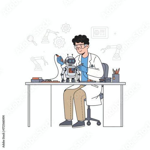 Male robotics engineer or scientist in a lab coat assembling or repairing a small robot at his workbench.