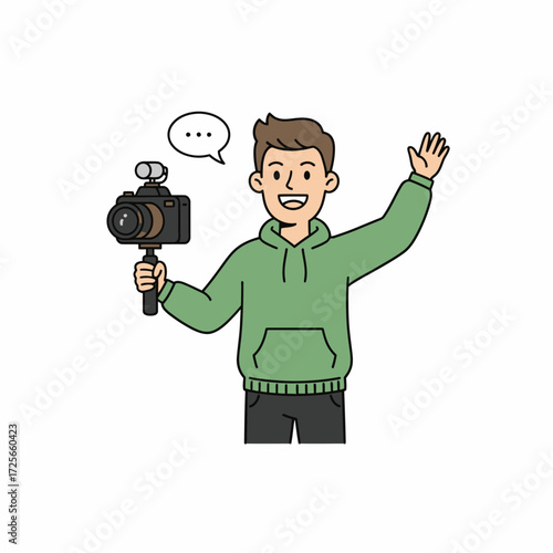 Young man in a green hoodie vlogging with a camera, waving and talking to his audience.