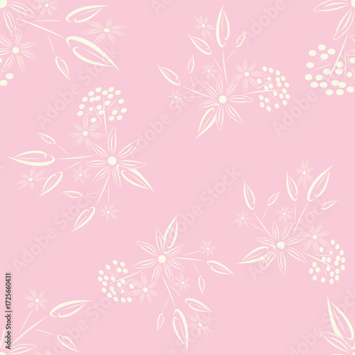 Light seamless floral pattern with elegant flowers and leaves on a pink background. Perfect for textiles, wallpaper, packaging and design.