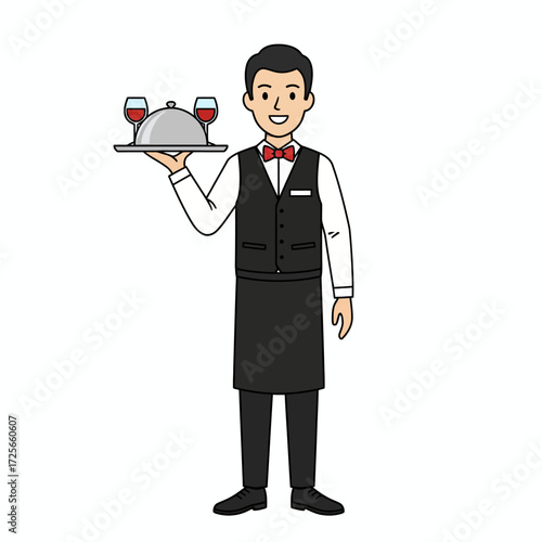 A friendly cartoon waiter in a vest and bowtie, holding a serving tray with a cloche and glasses.