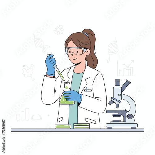 A female scientist in a lab coat conducts a chemical experiment using a pipette and flask.