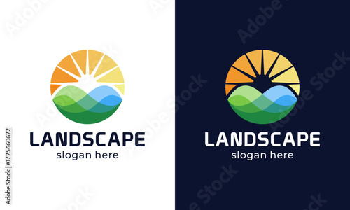 Farmland landscape logo design. Abstract Farm food badge vector design with Sun and mountain peak graphic icon symbol