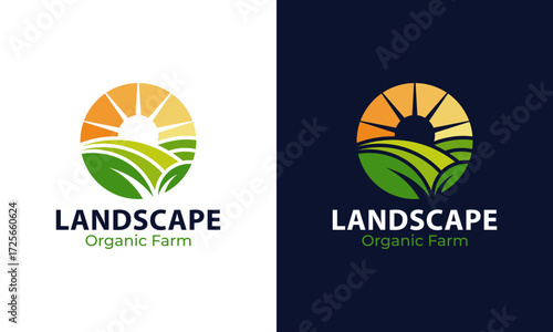 Farmland landscape logo design. Abstract Farm food badge vector design with Sun graphic icon symbol