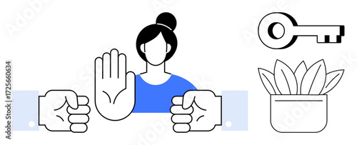 Woman gesturing stop amidst raised fists, key, and plant pot. Ideal for boundaries, self-care, conflict resolution, empowerment, consent inclusion communication. Represents simple flat metaphor