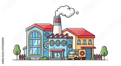 Whimsical factory illustration showcasing industrial design with transportation cartoonish elements