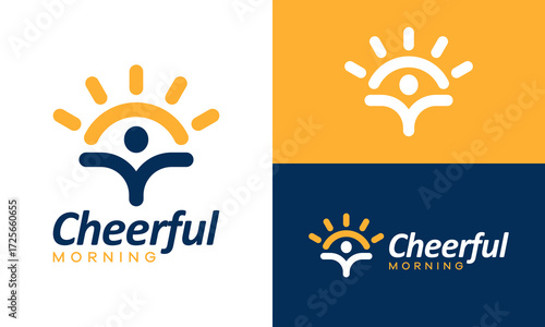 Cheerful morning logo design. Abstract people vector design with sun graphic icon symbols