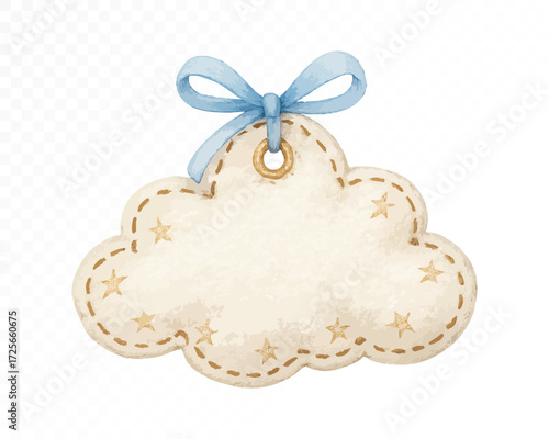 Felt cloud-shaped tag with stitched edges, decorated with tiny golden stars and a blue ribbon bow, cozy handmade cute label ornament. Watercolor vector illustration.