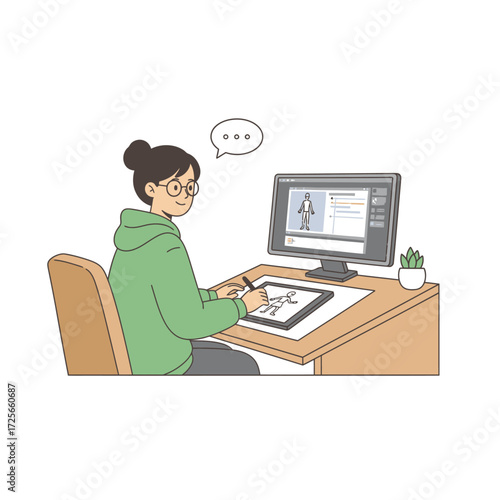 Female digital artist and animator creating a character using a graphics tablet and professional computer software at her desk.