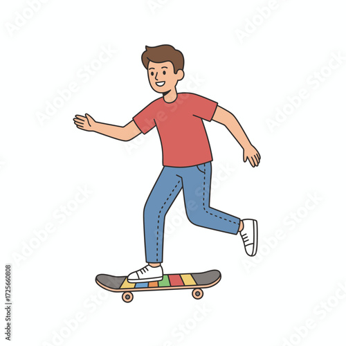 A young boy in casual clothes smiling while happily riding a colorful skateboard.