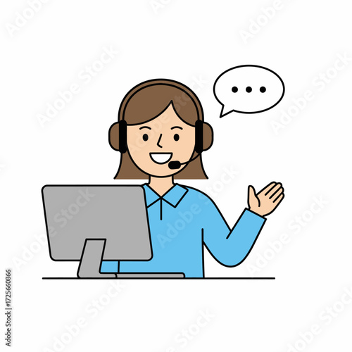 A friendly female customer service representative with a headset working at her computer in a call center.