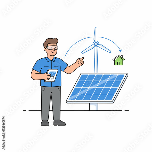 Engineer managing renewable energy, using a tablet to monitor solar panels and a wind turbine for home power.