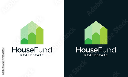 House fund logo design. Abstract house building vector design with marketing, funding and investment management graphic icon symbols