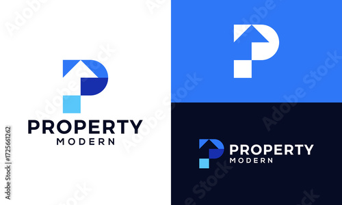 Property logo design. Abstract home building design with initial letter P shape symbol graphic icon