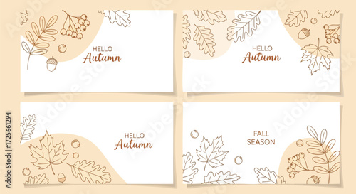 Charming 'Hello Autumn' and 'Fall Season' banners featuring delicate line art of leaves and acorns, perfect for seasonal greetings and decor.