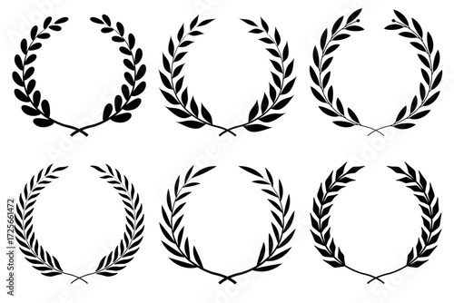 Set of circular laurel wreath. Emblem floral Greek branch of oak leaves, eucalyptus leaf, Wheat, winner award, champion medal, swirls, twigs and flower ornaments vector	