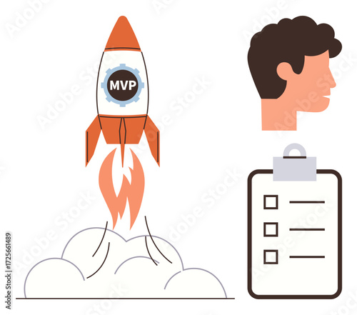Rocket labeled MVP blasting off, human head in profile for creativity, checklist for task planning. Ideal for business launch, innovation, startup strategy, goal setting, teamwork, planning simple