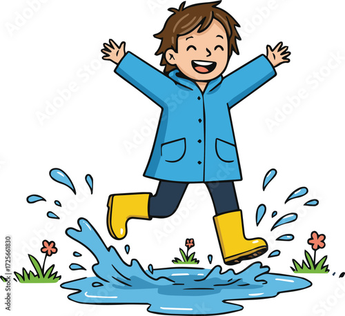 Happy cartoon boy in a blue raincoat and yellow boots joyfully jumping and splashing in a water puddle