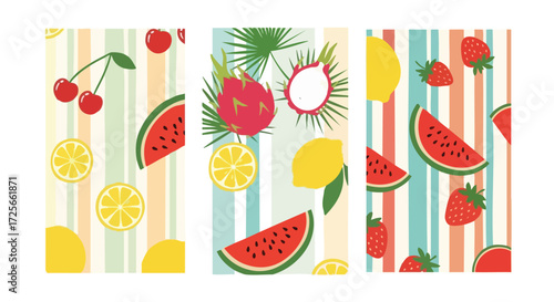 Vibrant fruit pattern featuring strawberries, cherries, watermelon, lemons, and dragon fruit for summer designs and refreshing themes