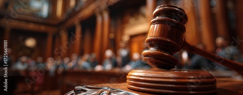 The Gavel in Foreground of Historic Wood Paneled Courtroom During Trial Proceedings