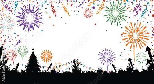 Vibrant fireworks display with colorful confetti exploding over a festive city silhouette for a holiday celebration banner