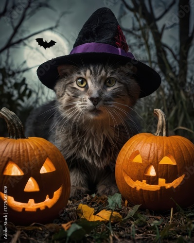 Cat in Witch Hat with jack-o-lantern Pumpkins under Full Moon on Halloween Night