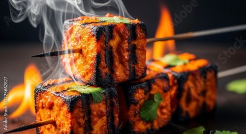 Grilled Paneer Tikka Skewers Indian food spicy BBQ flaming delicious cuisin