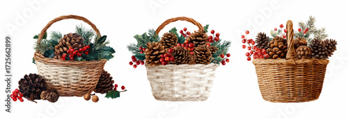 Watercolor set of Christmas baskets. Wicker basket filled with fir and holly branches, cones and holly berries. Christmas natural decor. Merry Christmas and Happy New Year.