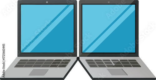 Dual screen laptop mockup vector illustration with metal hinges scalable eps icon