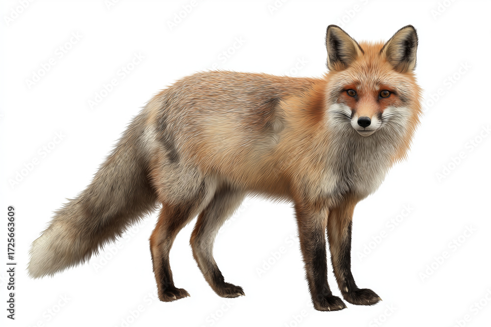 Fototapeta premium Realistic photograph of wild fox standing on white background, showcasing its vibrant fur and alert expression. fox bushy tail and sharp eyes are prominent