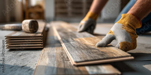 A close-up of a man's hands laying wooden floor planks. The man wears yellow gloves and focuses on the installation process. Tools and stacked planks are visible.