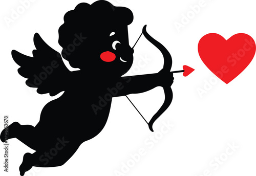A Silhouette of Cupid with Bow and Arrow Aiming at a Red Heart, Symbolizing Love and Romance