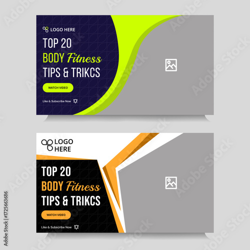 Video thumbnail set body fitness new idea tips and tricks video cover banner design, workout plan video thumbnail banner design, editable vector eps 10 file format